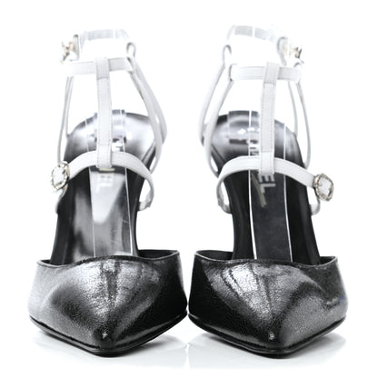 Chanel Crackled Calfskin Patent Ankle Strap Pumps 40 Black White 2 of 11