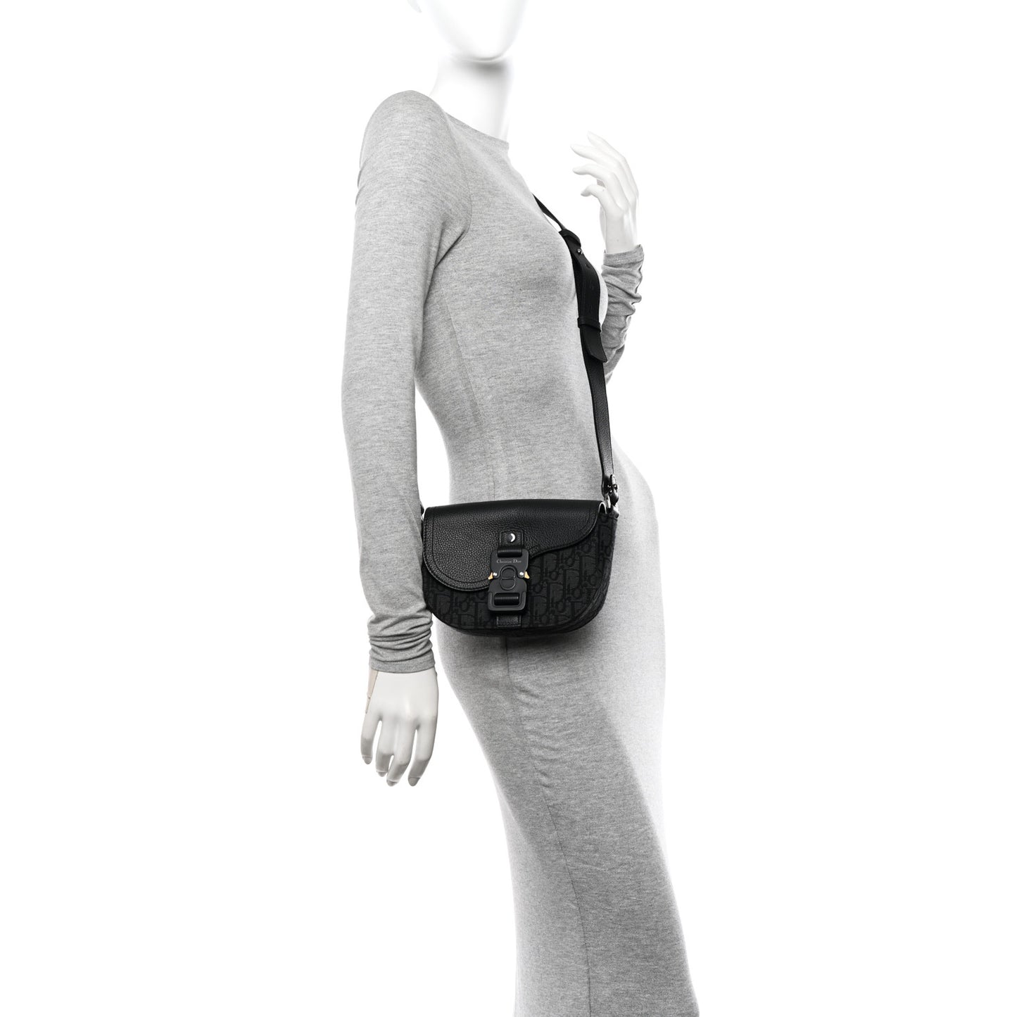 Oblique Jacquard Grained Calfskin Mini Saddle Messenger Bag With Flap Black