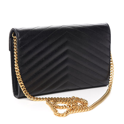 Saint Laurent Grain De Poudre Matelasse Chevron Monogram Chain Wallet Black 3 of 9