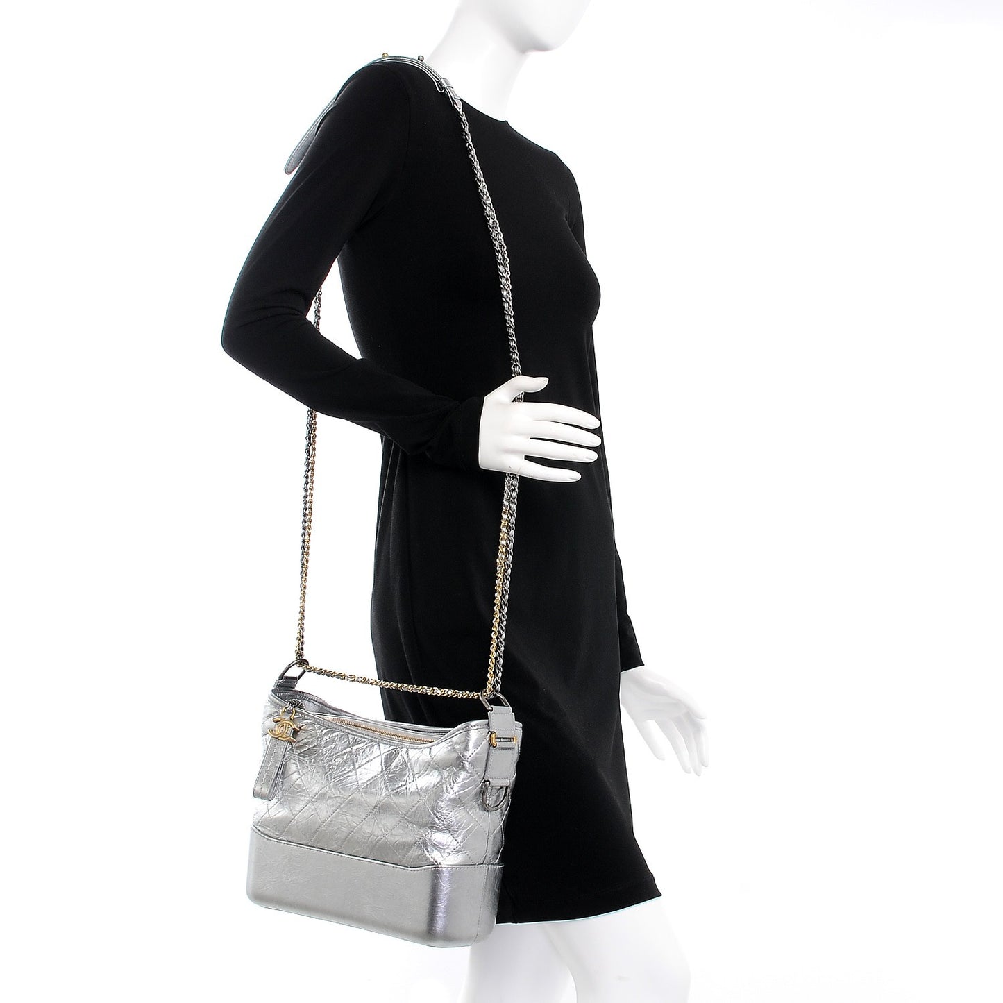 Metallic Aged Calfskin Quilted Medium Gabrielle Silver