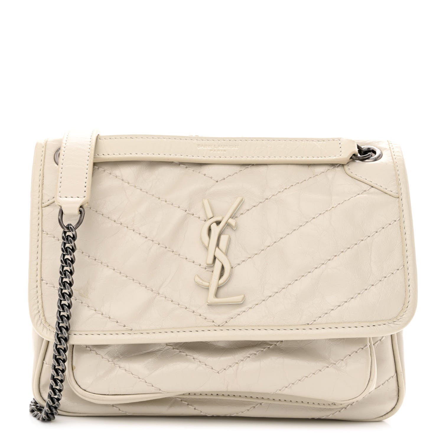 Saint Laurent Crinkled Calfskin Matelasse Monogram Baby Niki Chain Satchel Ivory 1 of 10