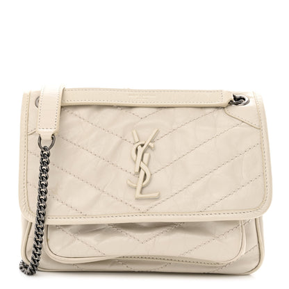 Saint Laurent Crinkled Calfskin Matelasse Monogram Baby Niki Chain Satchel Ivory 1 of 10