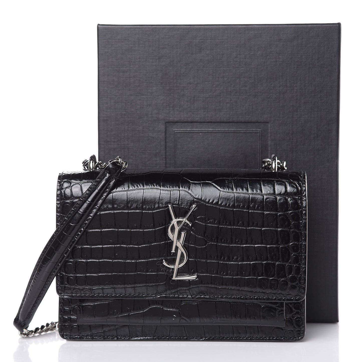 Calfskin Crocodile Embossed Monogram Sunset Chain Wallet Black