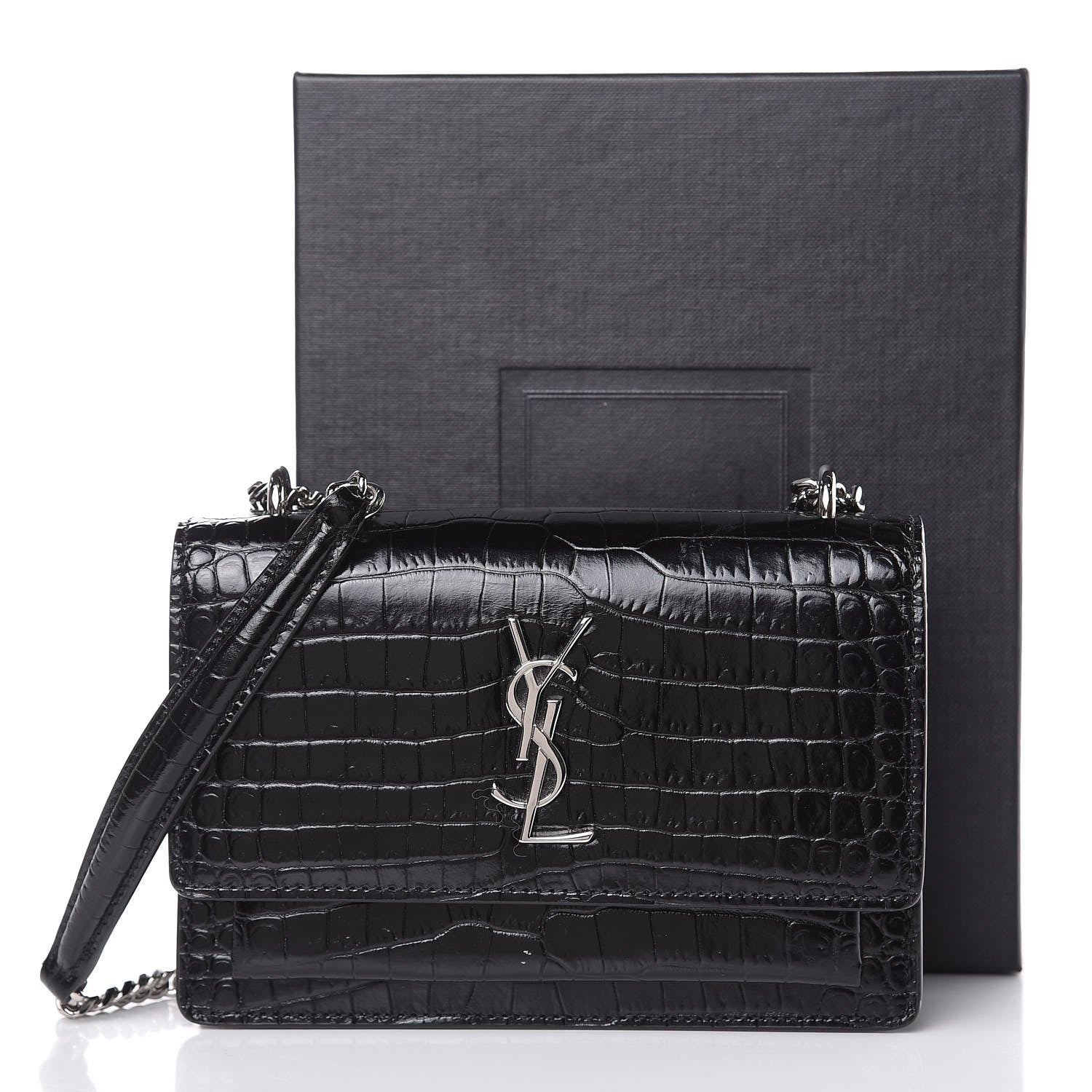 Saint Laurent Calfskin Crocodile Embossed Monogram Sunset Chain Wallet Black 10 of 10