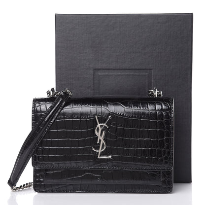 Saint Laurent Calfskin Crocodile Embossed Monogram Sunset Chain Wallet Black 10 of 10
