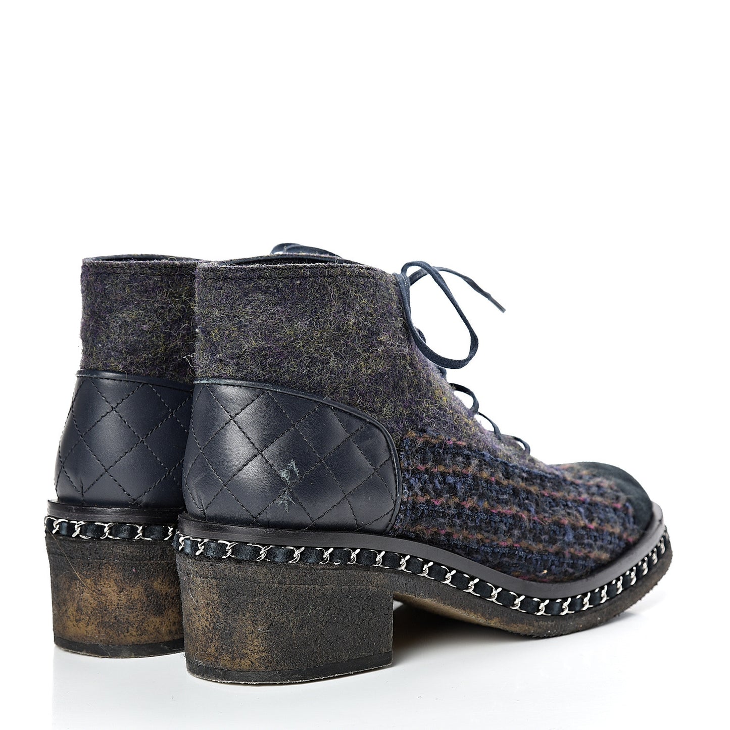 Wool Calfskin Tweed Lace Up Boots 42 Navy