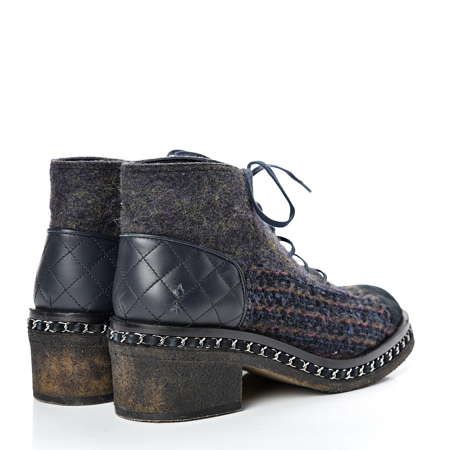 Chanel Wool Calfskin Tweed Lace Up Boots 42 Navy 4 of 12