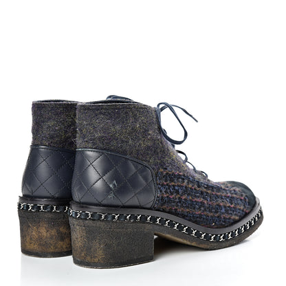 Chanel Wool Calfskin Tweed Lace Up Boots 42 Navy 4 of 12
