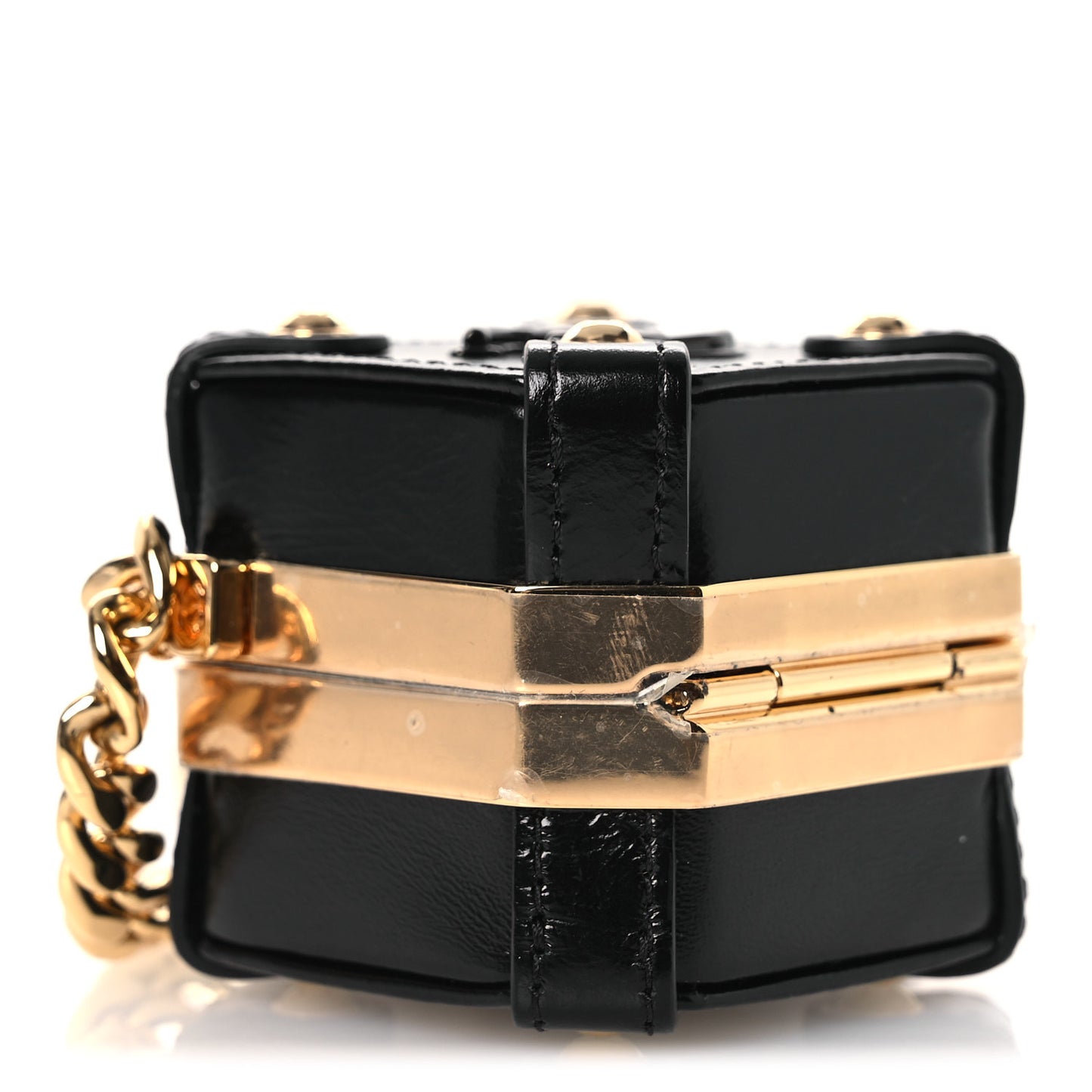 Shiny Crumpled Calfskin Minaudiere Clutch With Chain Black