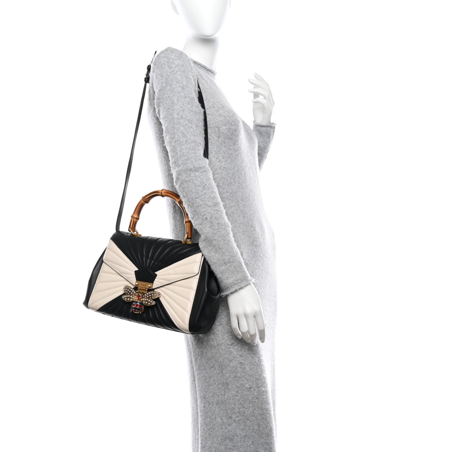 Gucci Calfskin Bamboo Trapuntata Queen Margaret Top Handle Bag Mystic White Black 2 of 10
