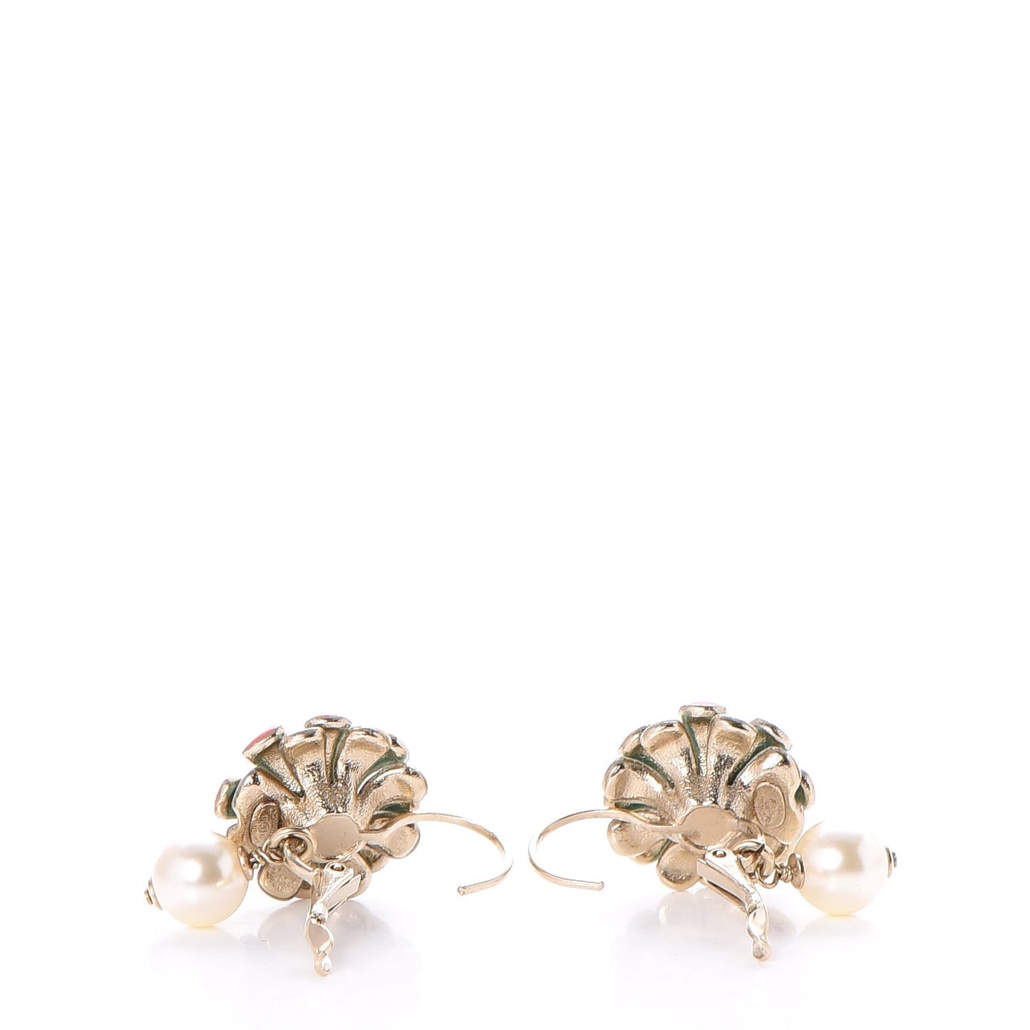 Enamel Pearl Flower Drop Earrings Light Gold