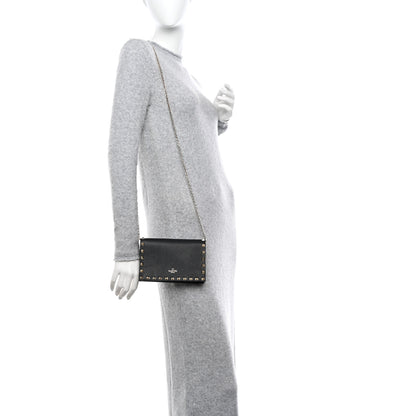 Valentino Garavani Pebbled Calfskin Rockstud Envelope Wallet on Chain Black 2 of 11