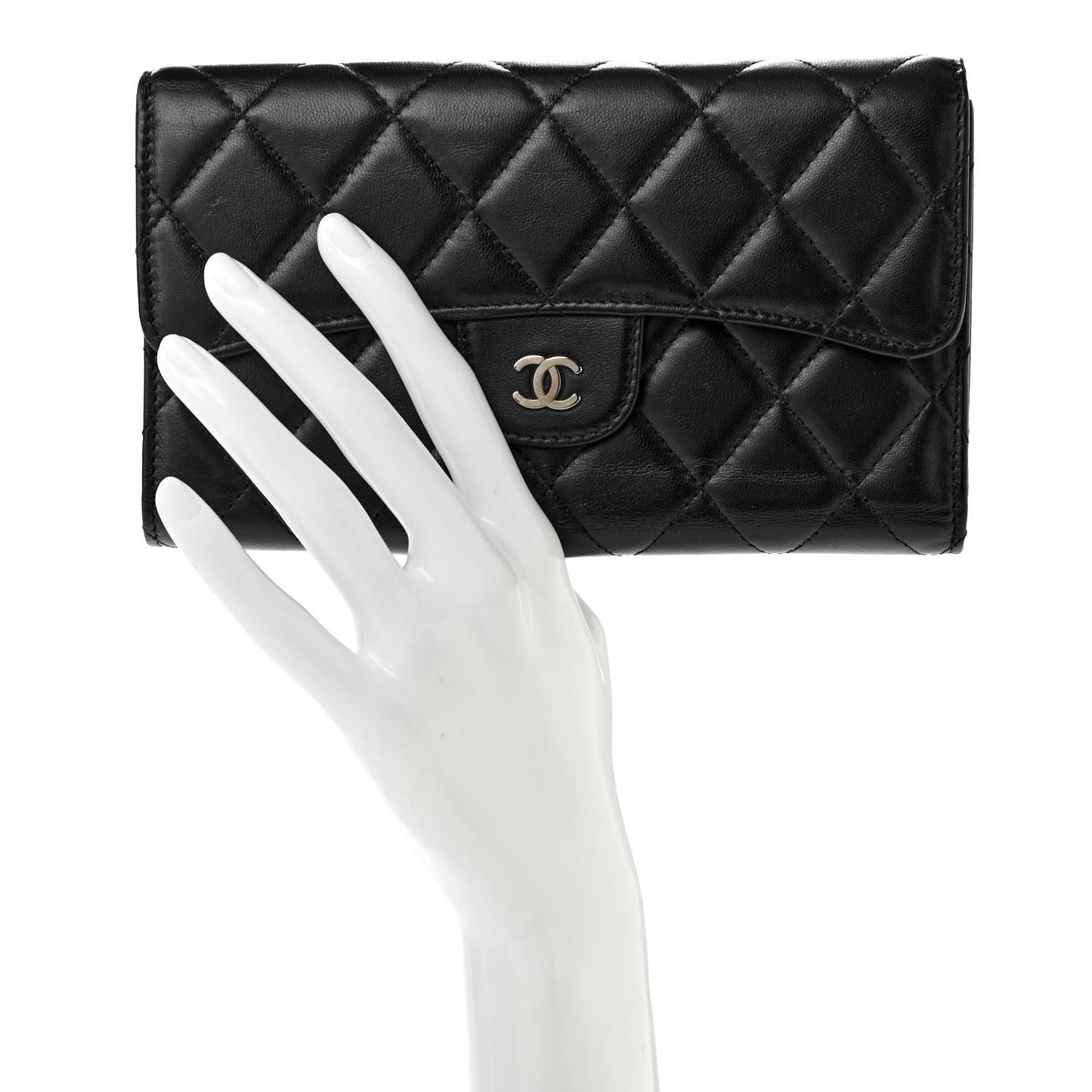 Lambskin Quilted Large Gusset Flap Wallet Black