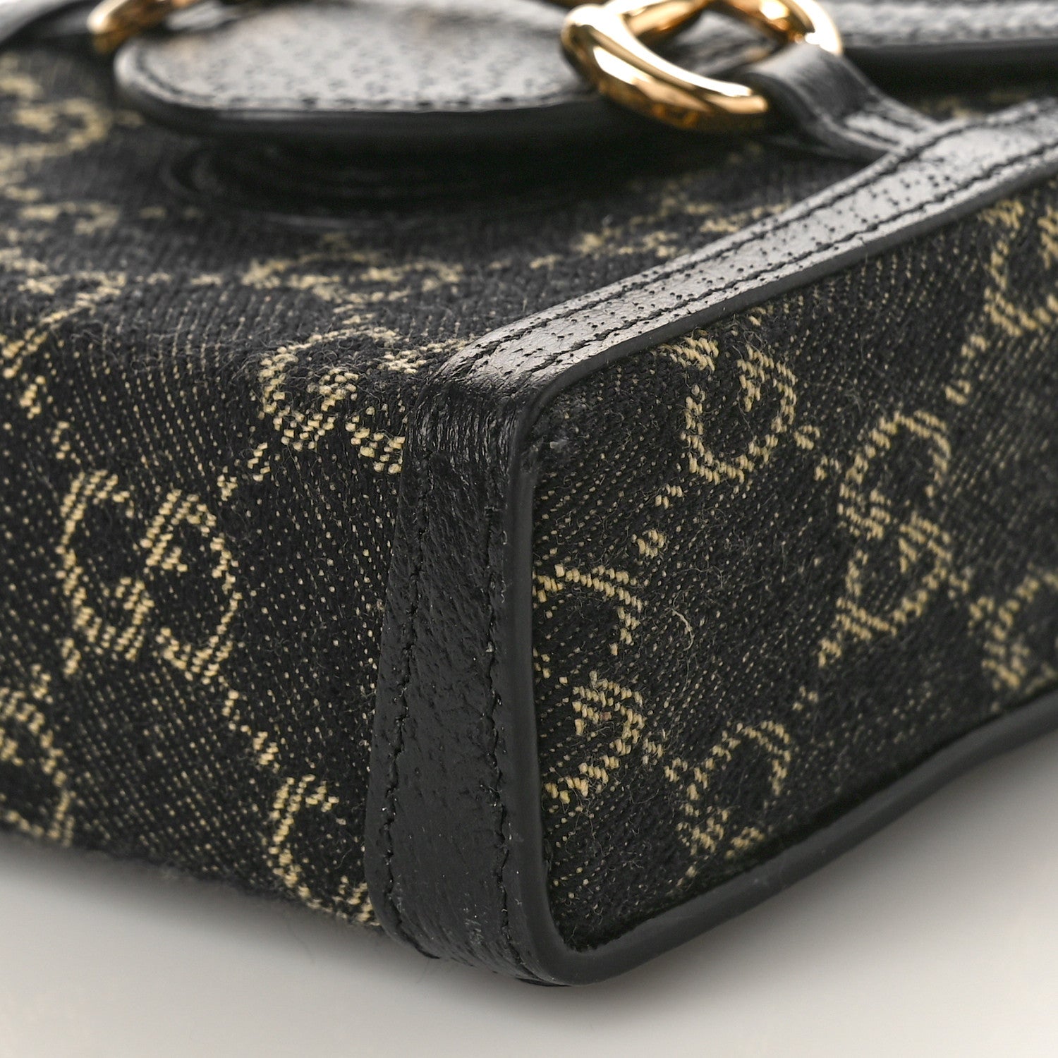Gucci Jacquard Black Denim GG Monogram Textured Dollar Calfskin Mini Horsebit 1955 Crossbody Bag Black Ivory 9 of 9