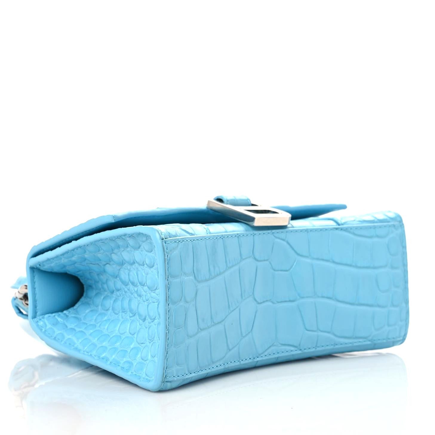 Balenciaga Shiny Calfskin Crocodile Embossed Hourglass Top Handle Bag XS Azur 4 of 11