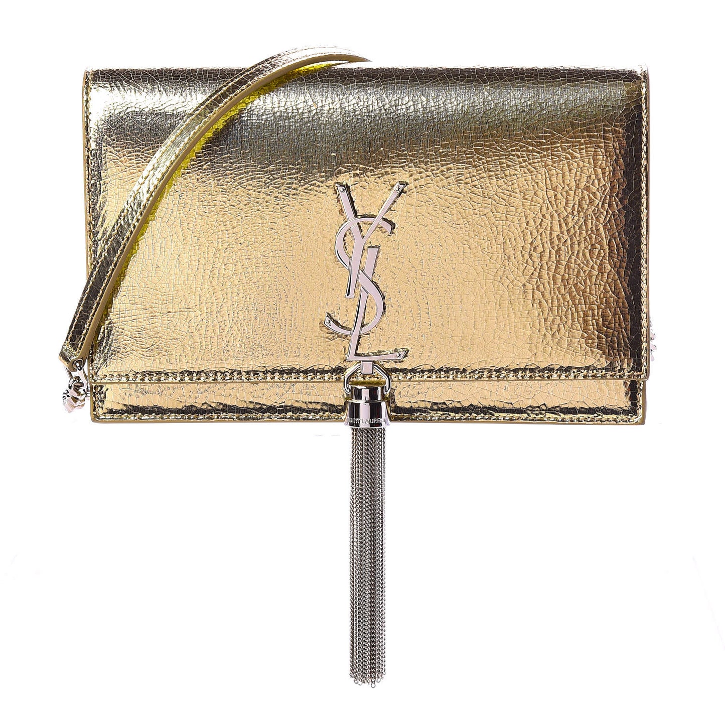 Metallic Crackled Calfskin Kate Monogram Tassel Chain Wallet Gold