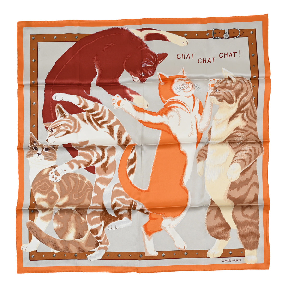 Hermes Silk Chat Chat Chat Scarf 70 Gris Perle Orange Camel 1 of 4