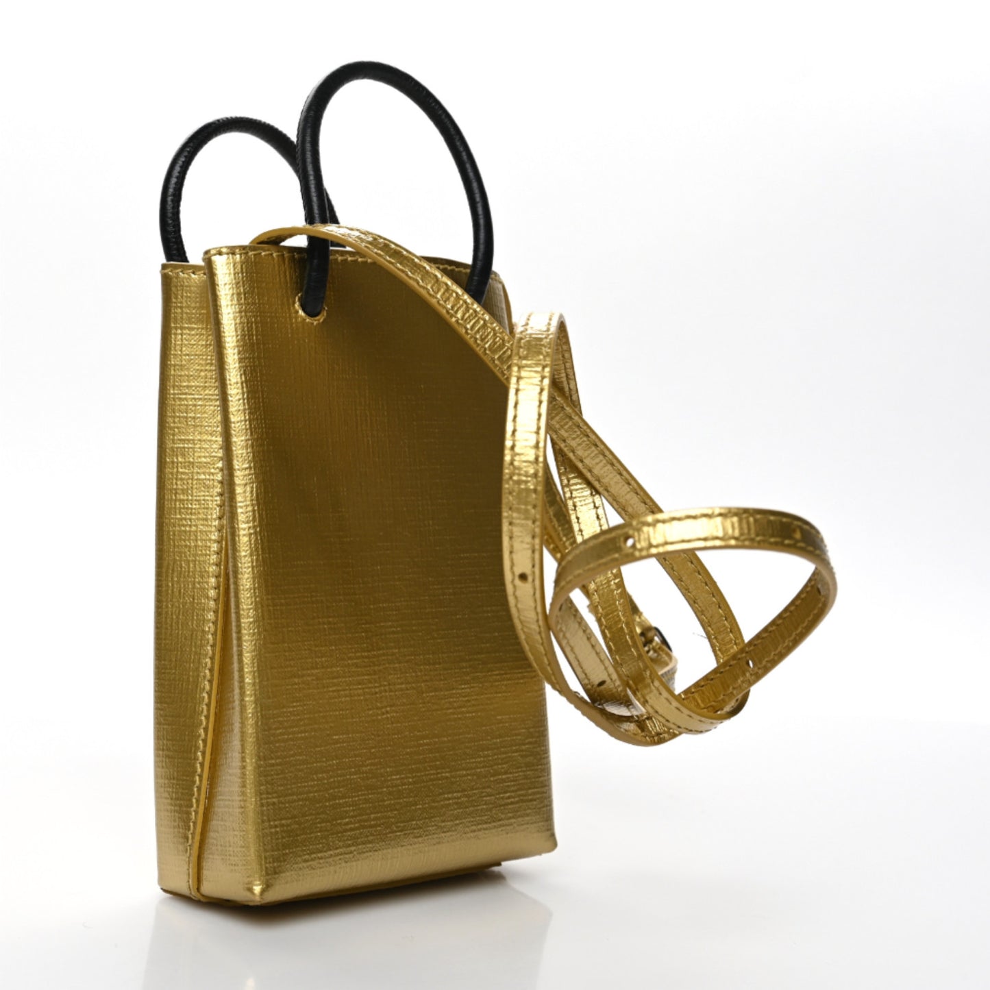 Metallic Textured Calfskin Logo Shopping Phone Holder Bag Gold