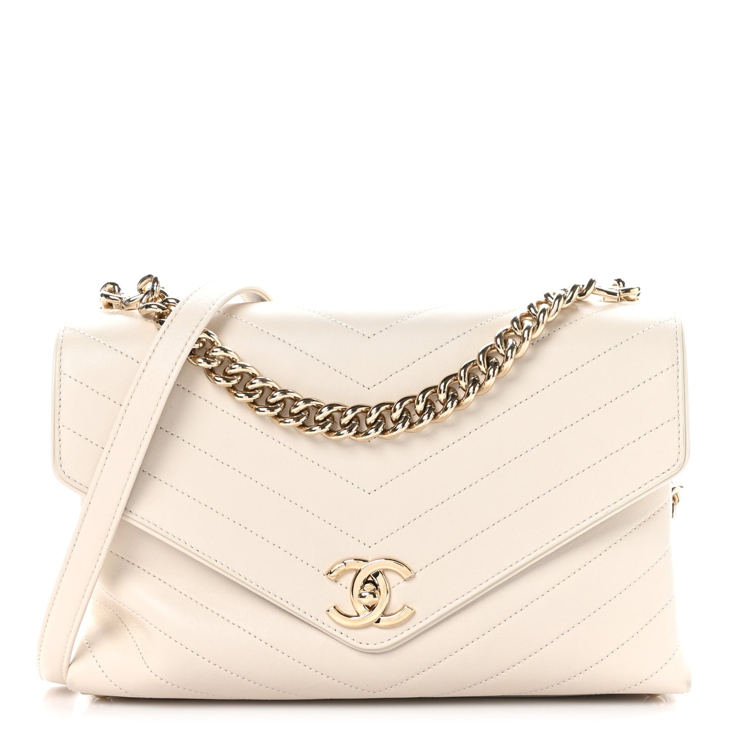 Calfskin Chevron Stitched Medium Coco Flap Bag White