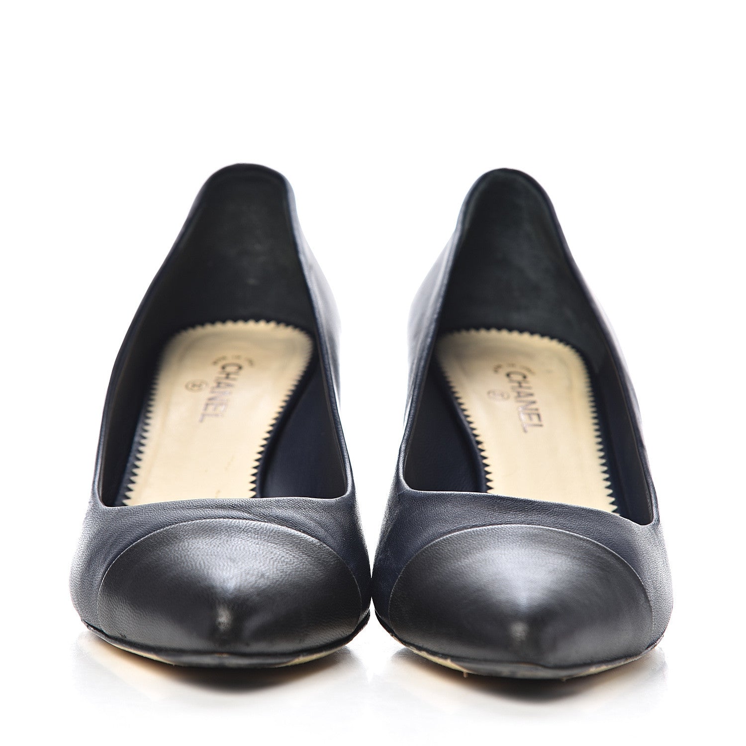 Chanel Lambskin Cap Toe Pearl Pumps 39 Navy Blue Black 4 of 14