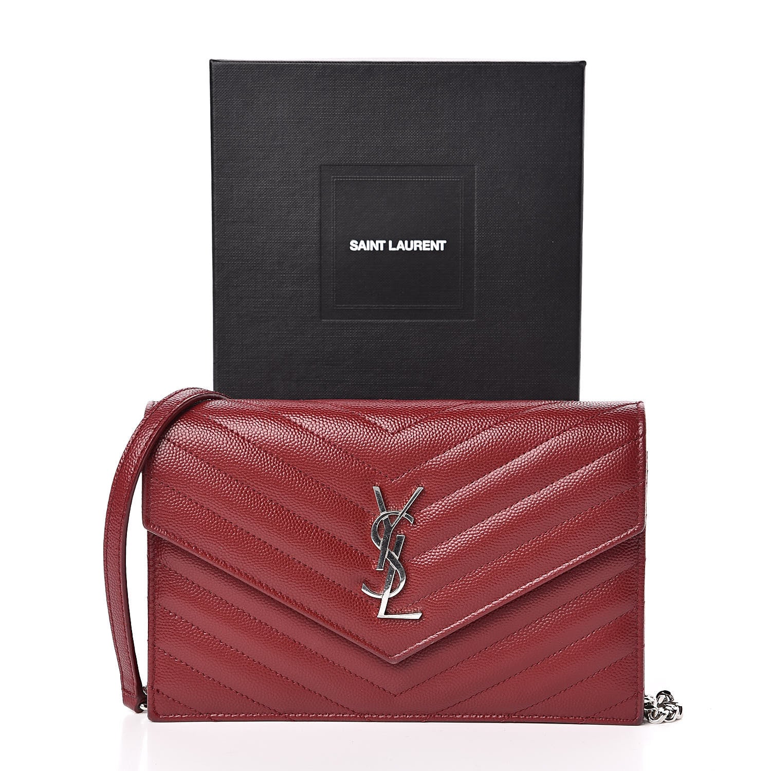 Saint Laurent Grain De Poudre Matelasse Chevron Monogram Envelope Chain Wallet New Red 11 of 11