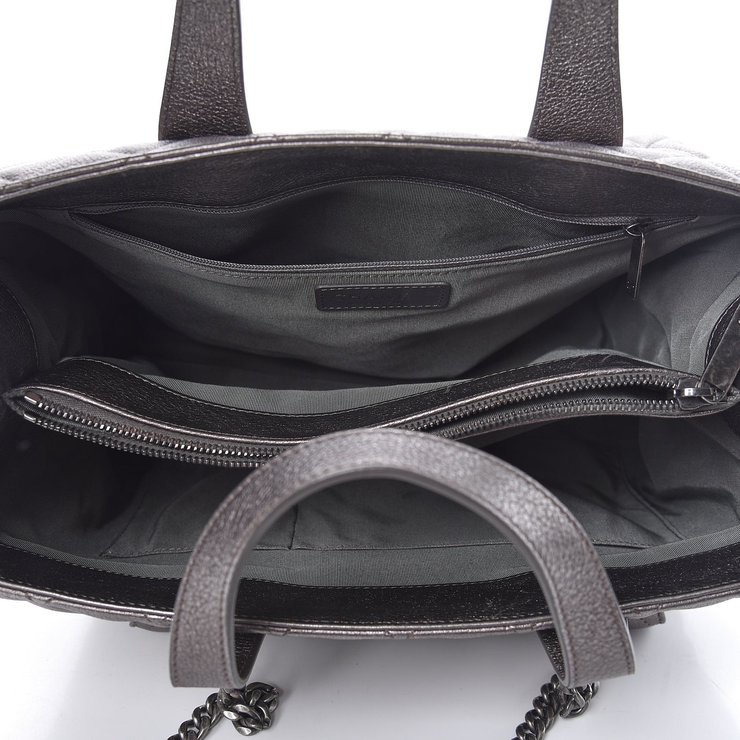 Metallic Grained Calfskin Quilted Large Casual Pocket Tote Silver