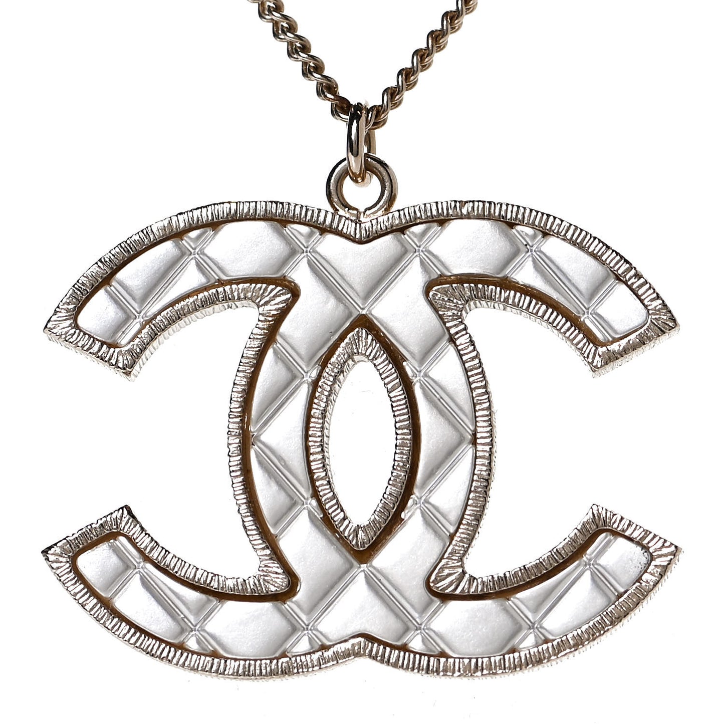 Metal Quilted CC Pendant Necklace Gold White