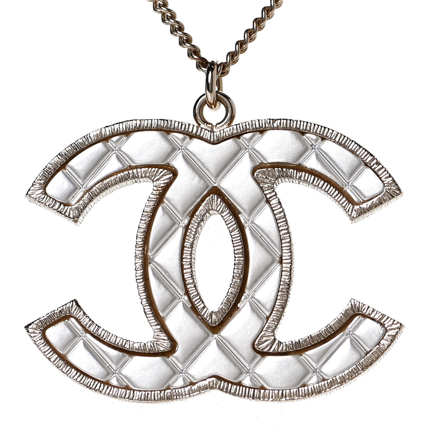 Chanel Metal Quilted CC Pendant Necklace Gold White 4 of 6