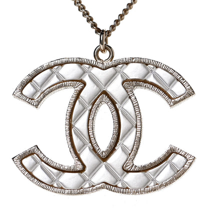 Chanel Metal Quilted CC Pendant Necklace Gold White 4 of 6