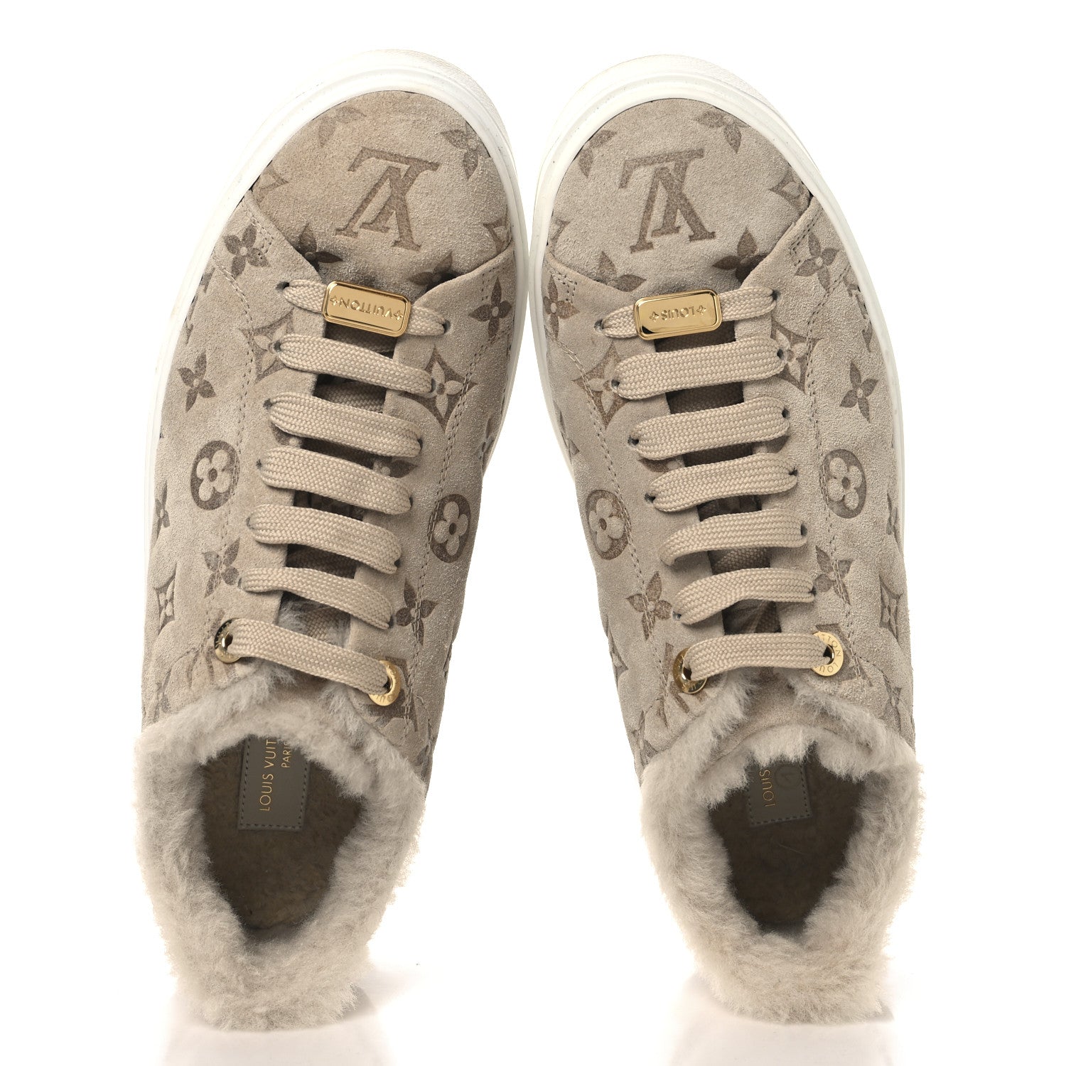 Louis Vuitton Suede Shearling Monogram Time Out Sneakers 39 Beige 2 of 9
