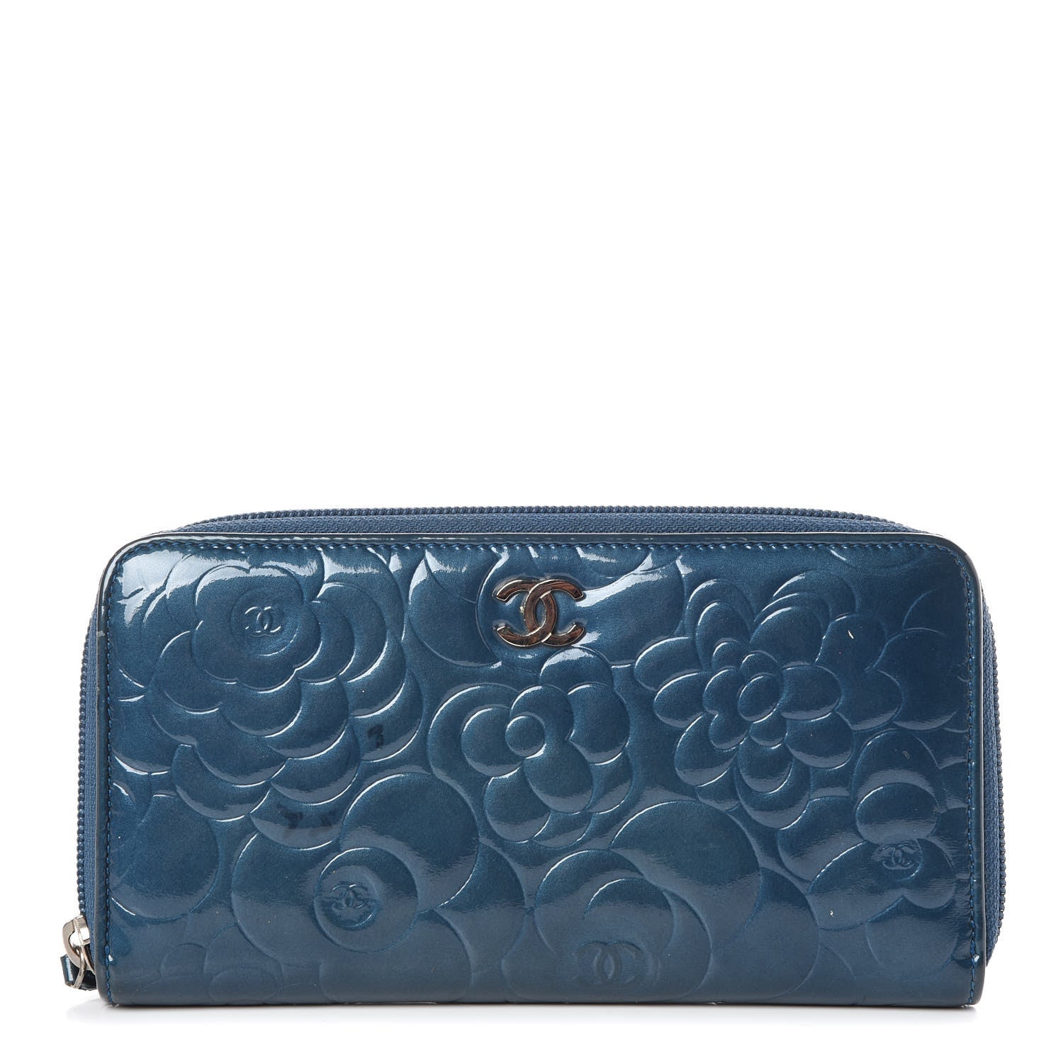 Chanel Patent Camellia Embossed Large Gusset Zip Around Wallet Blue 1 of 10
