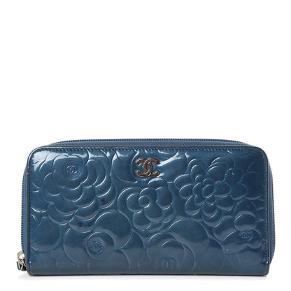 Chanel Patent Camellia Embossed Large Gusset Zip Around Wallet Blue 1 of 10