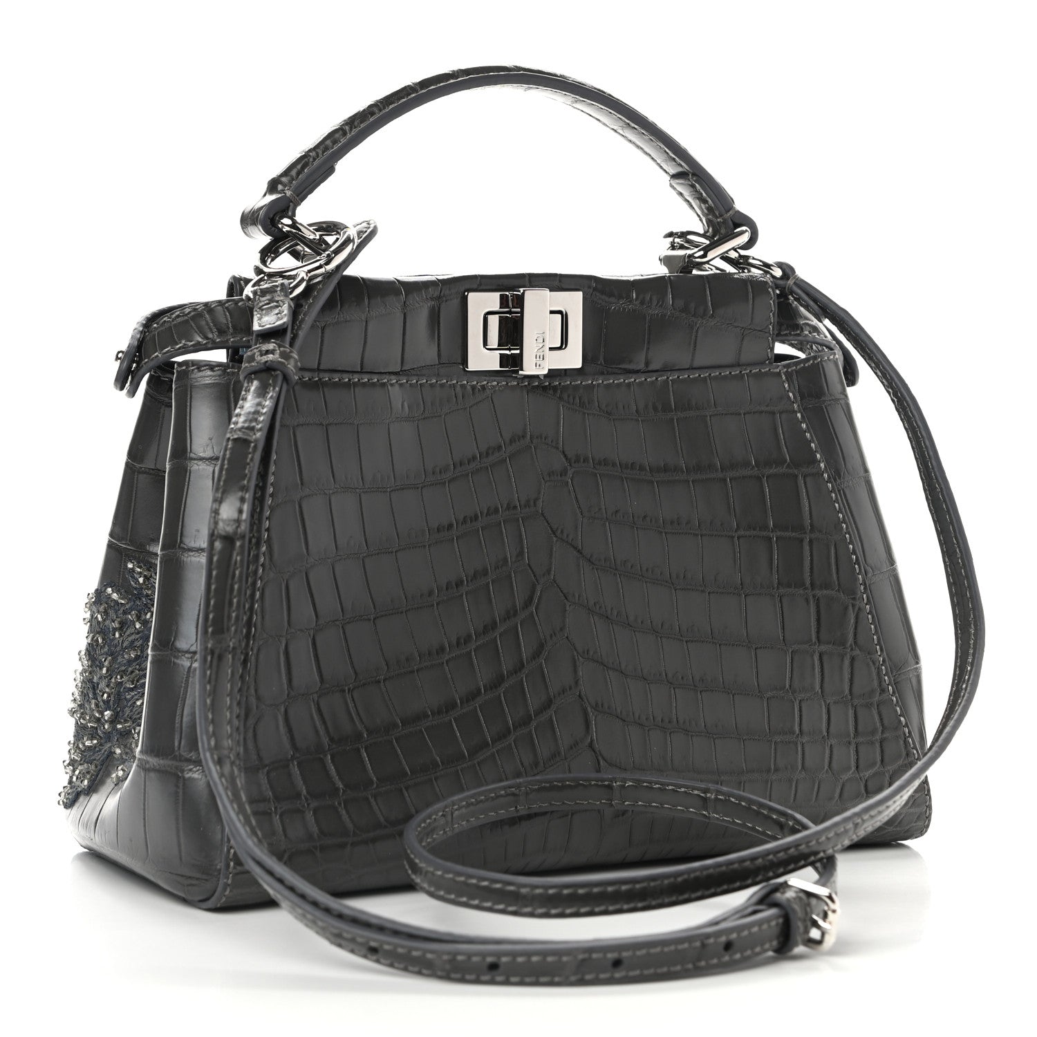 Fendi Crocodile Embroidered Mini Peekaboo Iconic Satchel Grey 3 of 11
