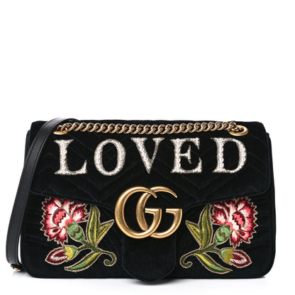 Gucci Velvet Matelasse Loved Embroidered Medium GG Marmont Shoulder Bag Black 1 of 17