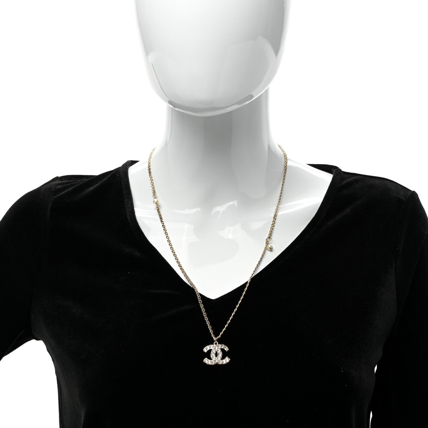 Chanel Metal Pearl Crystal CC Textured Pendant Necklace Gold 2 of 5