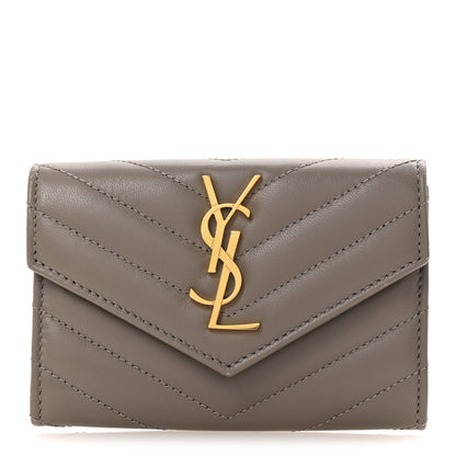 Saint Laurent Lambskin Matelasse Chevron Small Monogram Envelope Wallet Dark Beige 1 of 9
