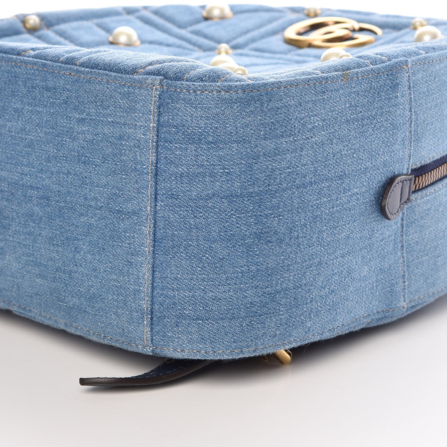 Kura Denim Matelasse Cubic Pearl Studded GG Marmont Dome Backpack Blue