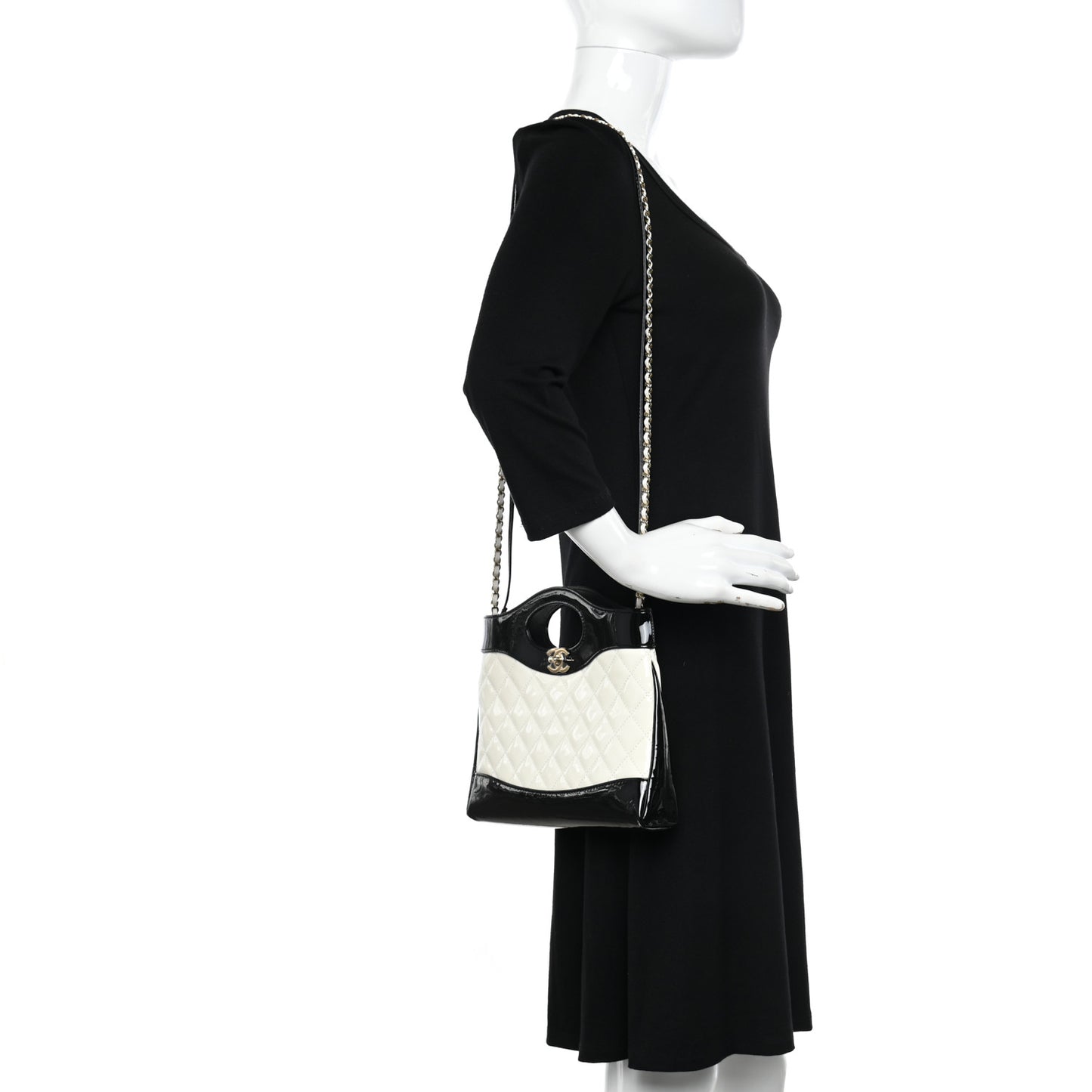 Patent Calfskin Quilted Mini 31 Shopping Bag White Black