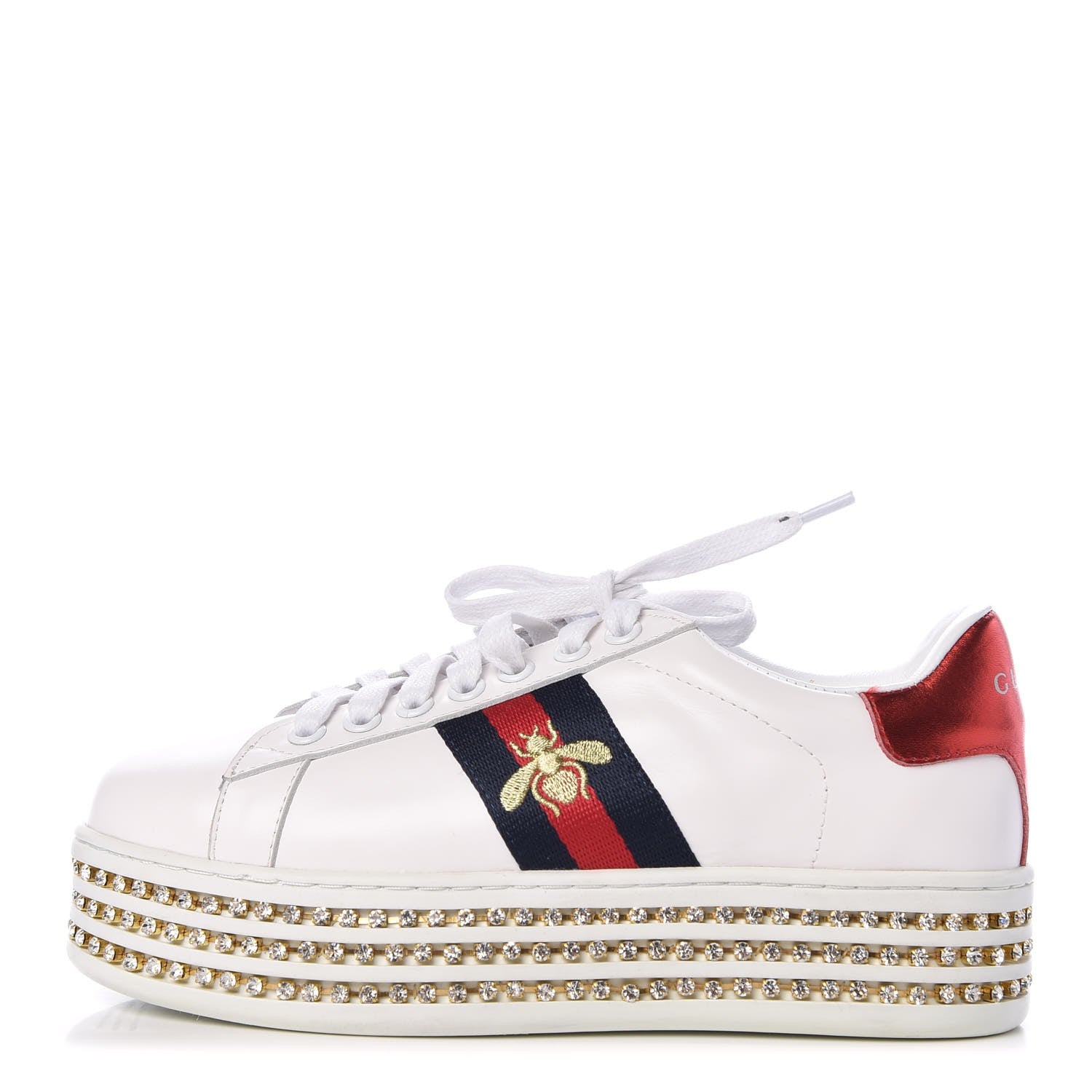 Gucci Calfskin Crystal Web Bee Embroidered Womens Ace Platform Sneakers 37 White 1 of 11