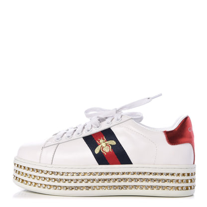 Gucci Calfskin Crystal Web Bee Embroidered Womens Ace Platform Sneakers 37 White 1 of 11