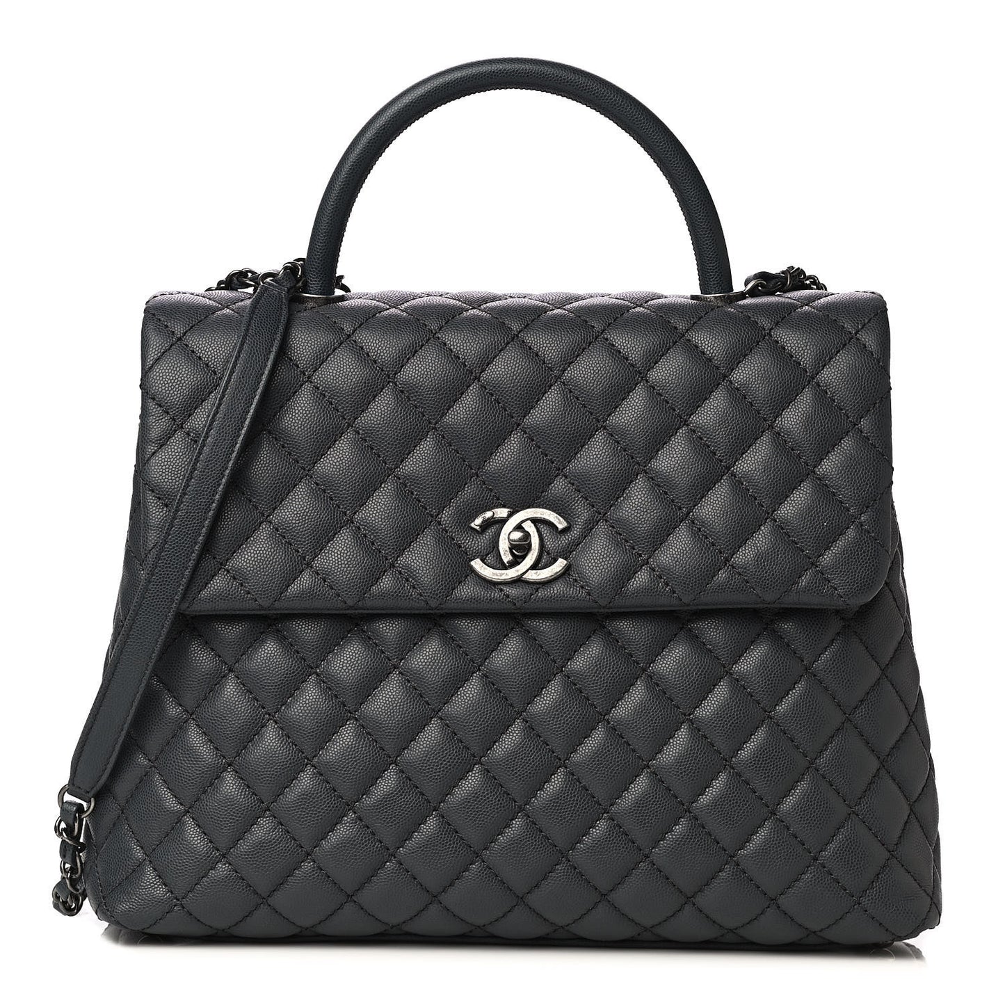 Caviar Quilted Large Coco Handle Flap Grey