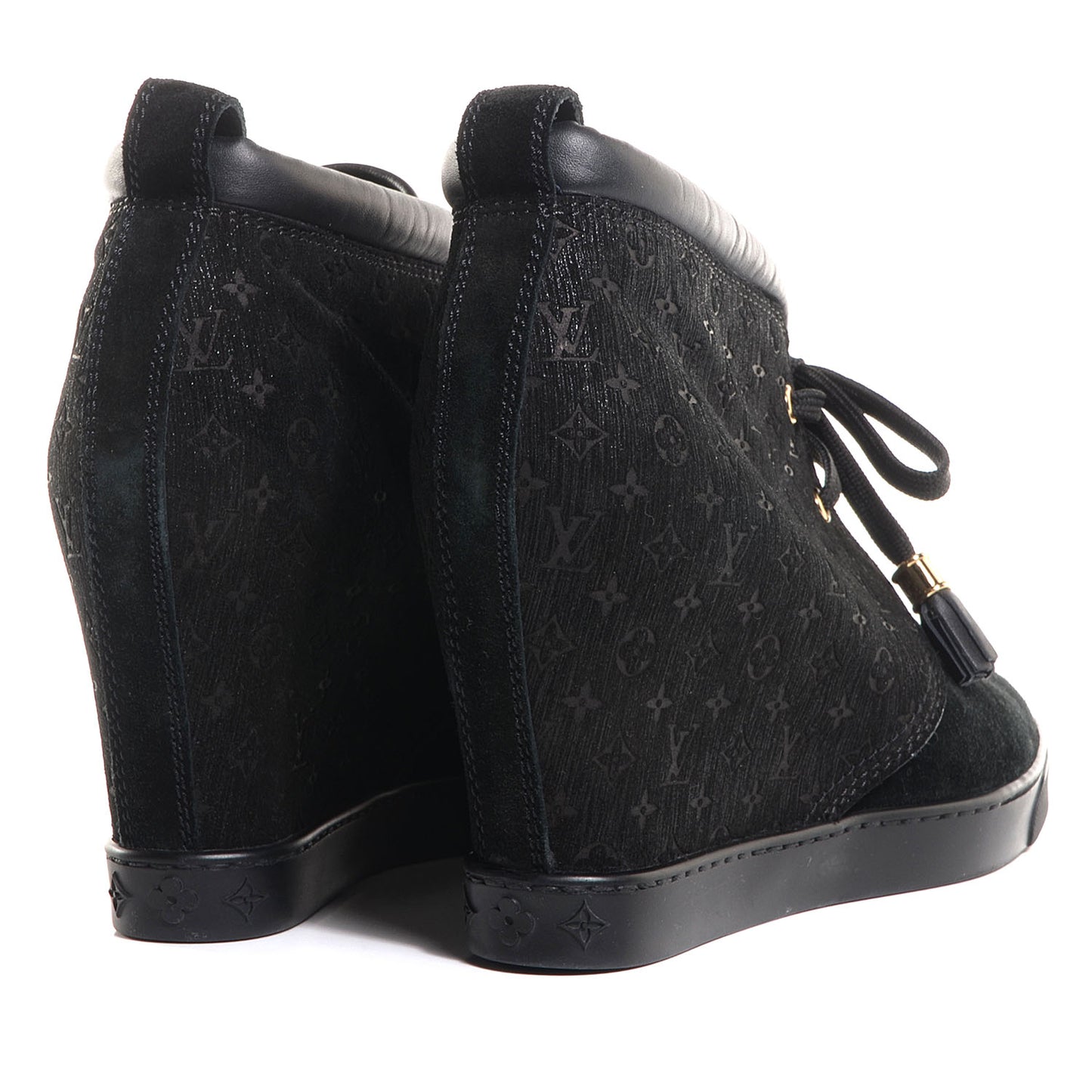 Monogram Suede Wedge Ankle Boots 38.5 Black