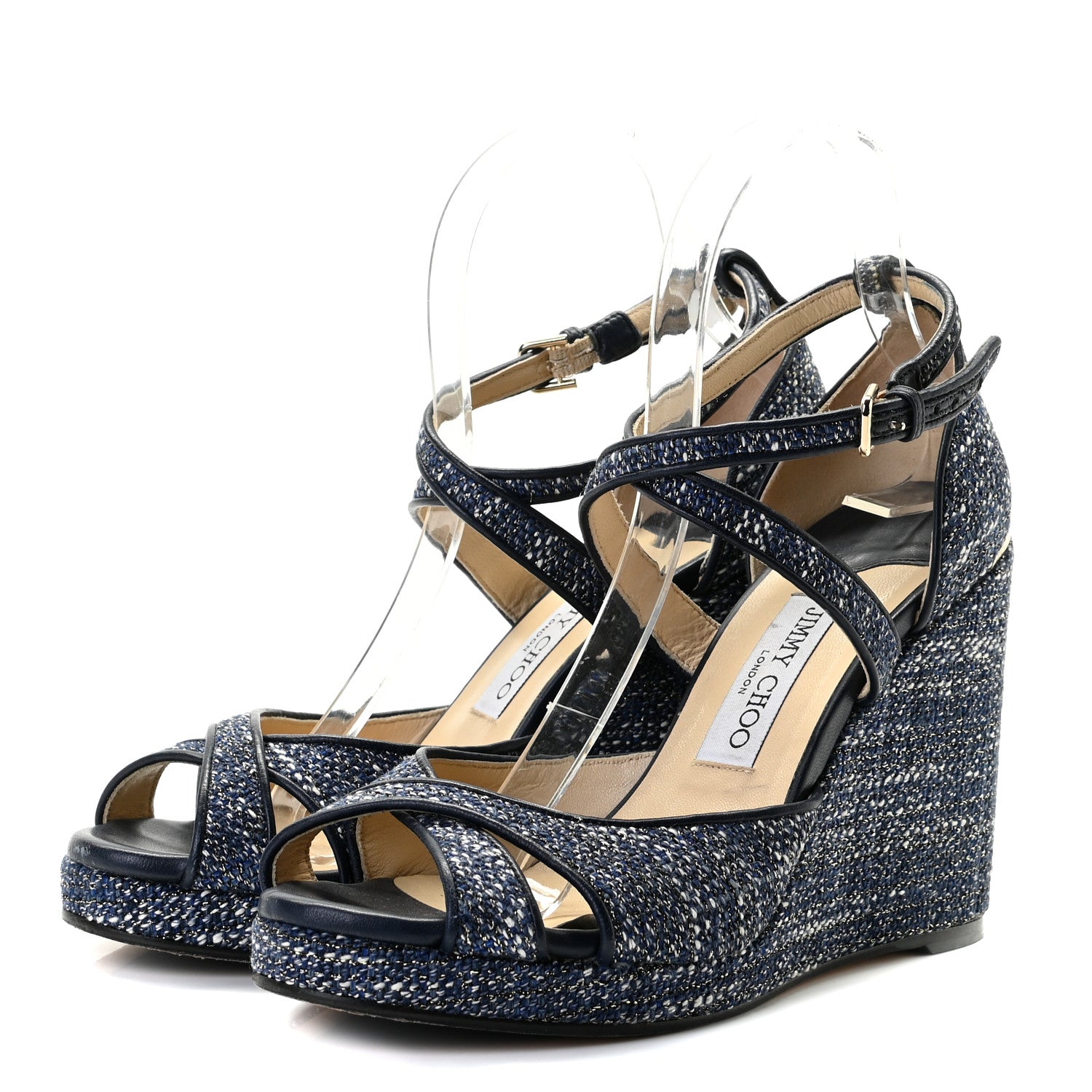Jimmy Choo Tweed Alanah 105 Wedge Sandals 39.5 Blue 5 of 18