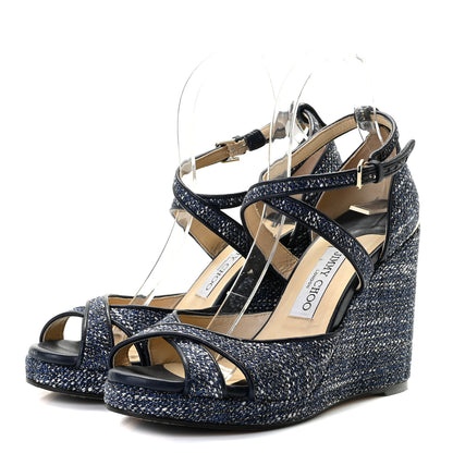 Jimmy Choo Tweed Alanah 105 Wedge Sandals 39.5 Blue 5 of 18