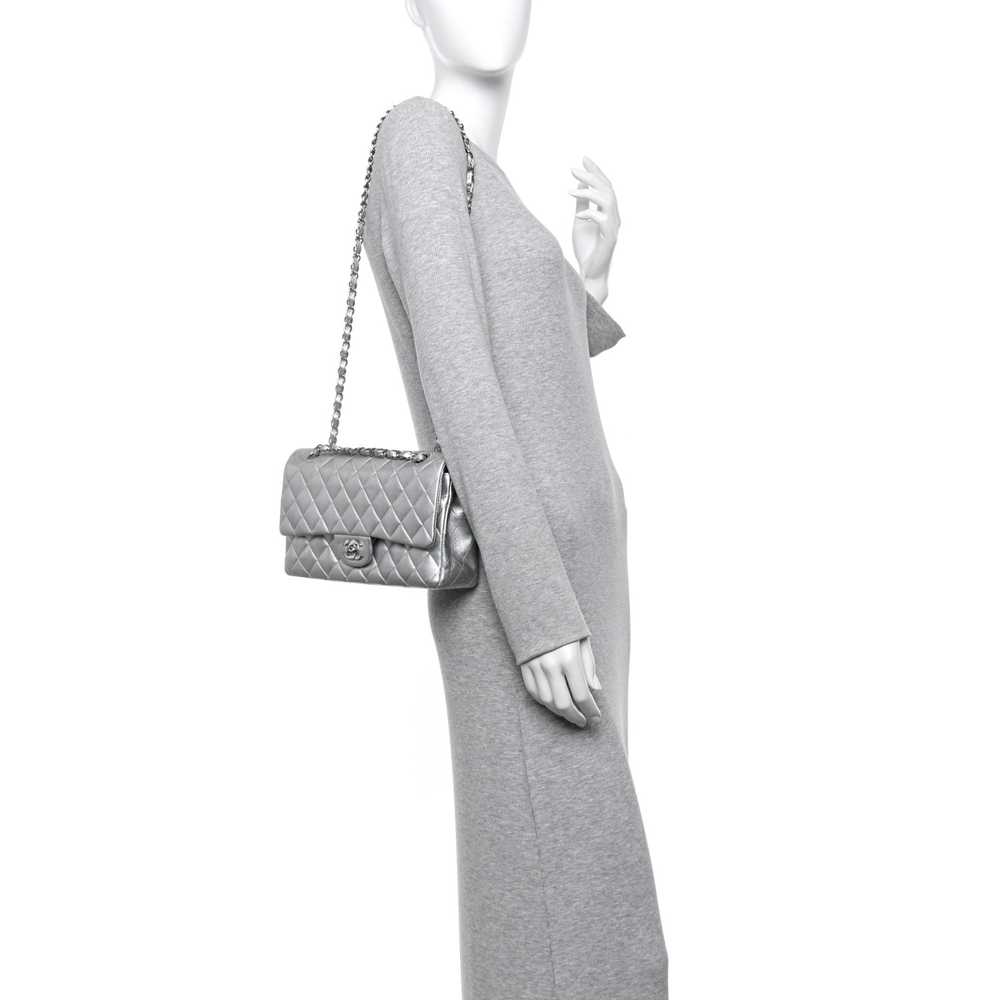 Metallic Lambskin Quilted Medium Double Flap Silver