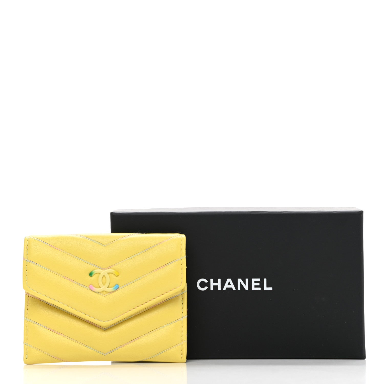 Chanel Lambskin Chevron Quilted Card Holder Yellow 9 of 9