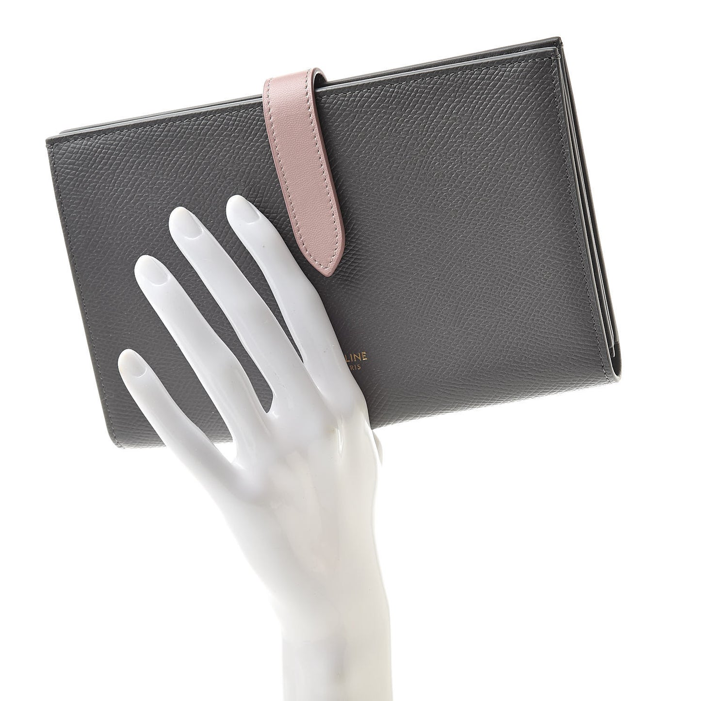 Grained Calfskin Large Multifunction Strap Wallet Grey