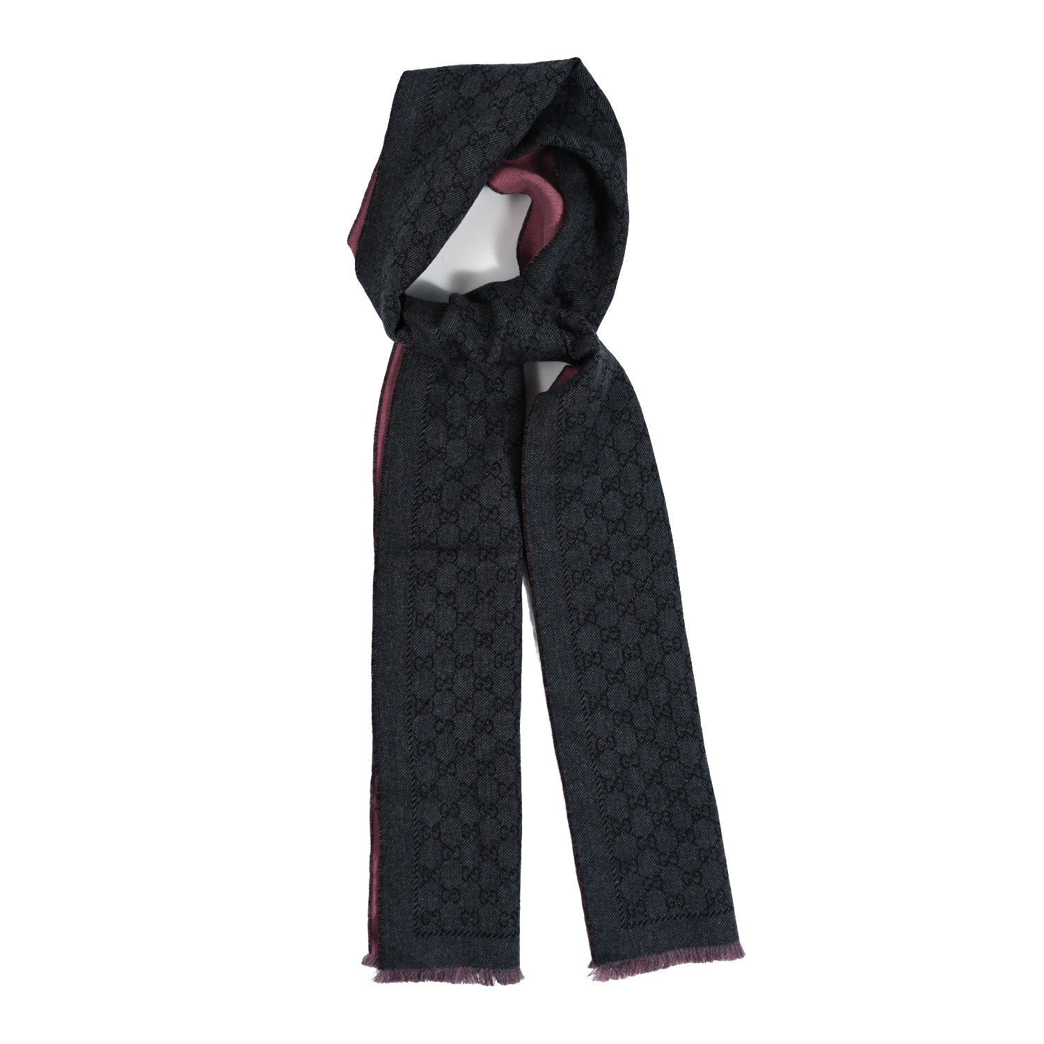 Gucci Wool GG Monogram Lonarin Fringe Scarf Anthracite Pink 1 of 4