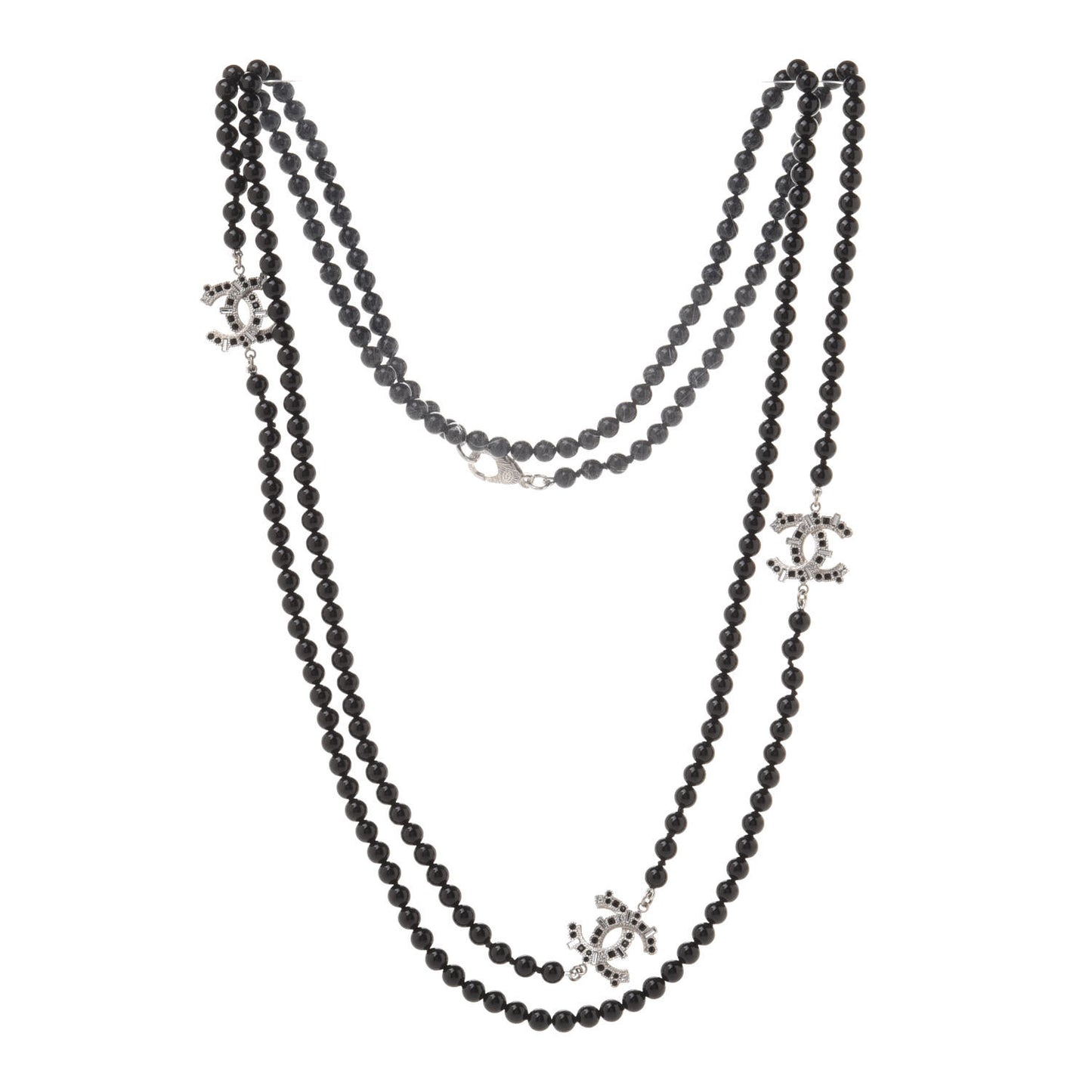 Ruthenium Crystal Baguette Pearl Beaded CC Long Necklace Black