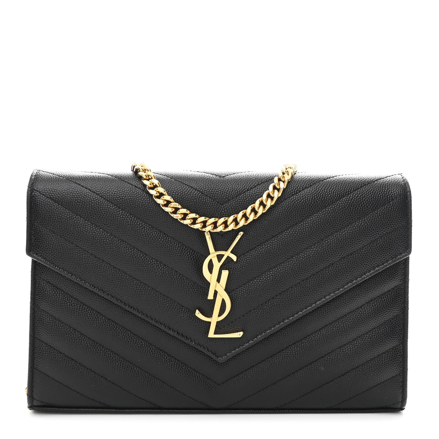Saint Laurent Grain De Poudre Matelasse Chevron Monogram Chain Wallet Black 1 of 12